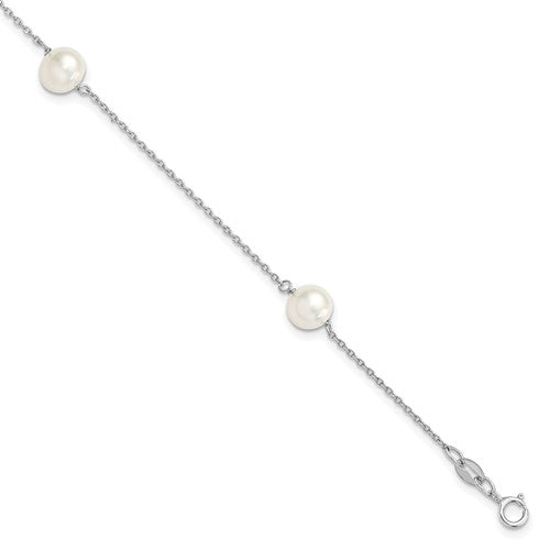 PSSB Sterling Silver Rhodium-plated 7-8mm White Semi-Round Freshwater Cultured Pearl 3-Station 7.5 inch Bracelet