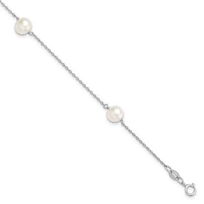 PSSB Sterling Silver Rhodium-plated 7-8mm White Semi-Round Freshwater Cultured Pearl 3-Station 7.5 inch Bracelet