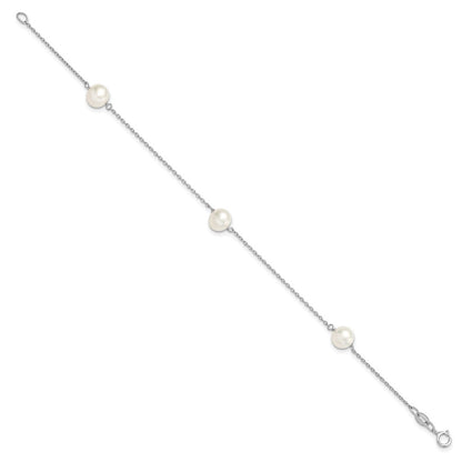 PSSB Sterling Silver Rhodium-plated 7-8mm White Semi-Round Freshwater Cultured Pearl 3-Station 7.5 inch Bracelet