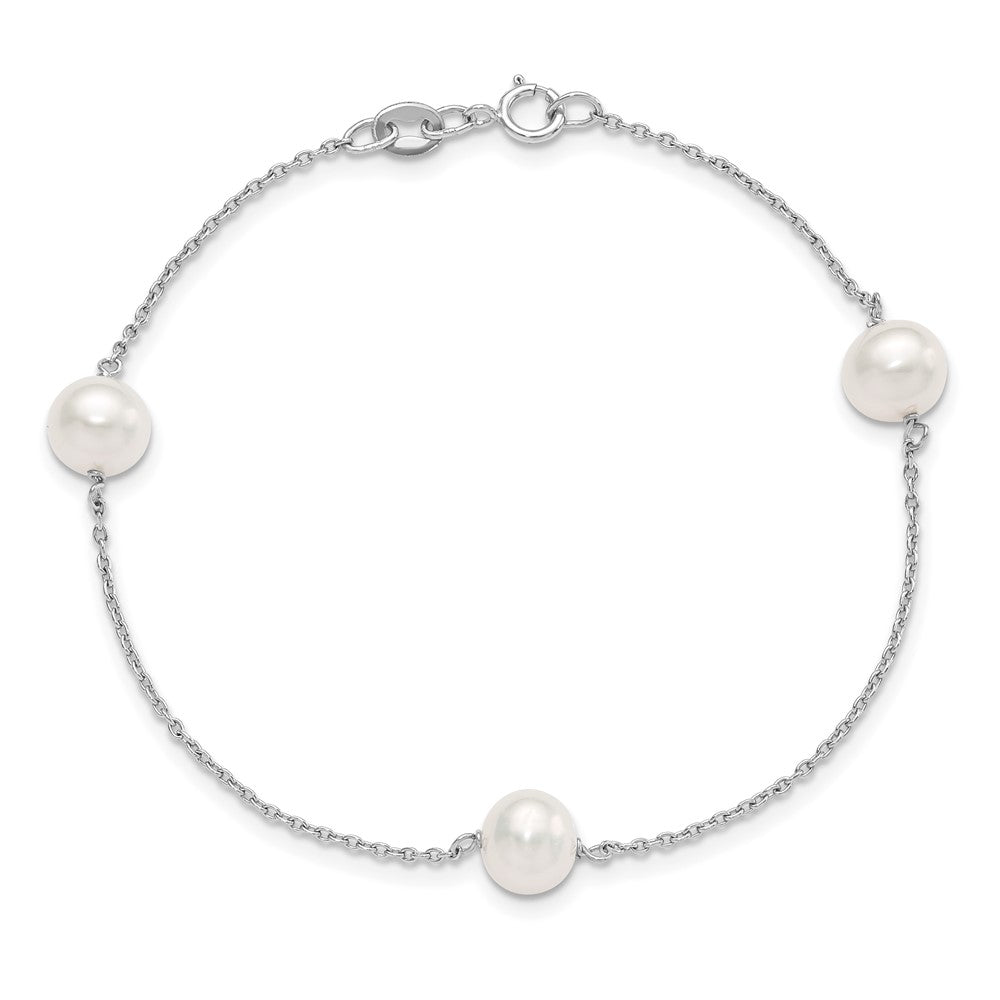 PSSB Sterling Silver Rhodium-plated 7-8mm White Semi-Round Freshwater Cultured Pearl 3-Station 7.5 inch Bracelet