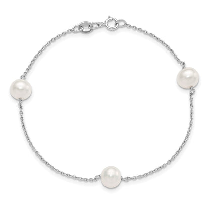 PSSB Sterling Silver Rhodium-plated 7-8mm White Semi-Round Freshwater Cultured Pearl 3-Station 7.5 inch Bracelet