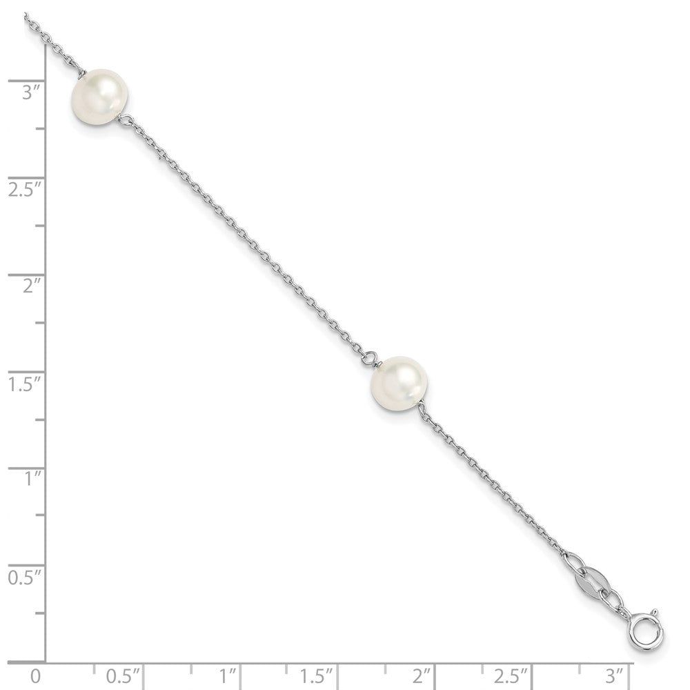 PSSB Sterling Silver Rhodium-plated 7-8mm White Semi-Round Freshwater Cultured Pearl 3-Station 7.5 inch Bracelet