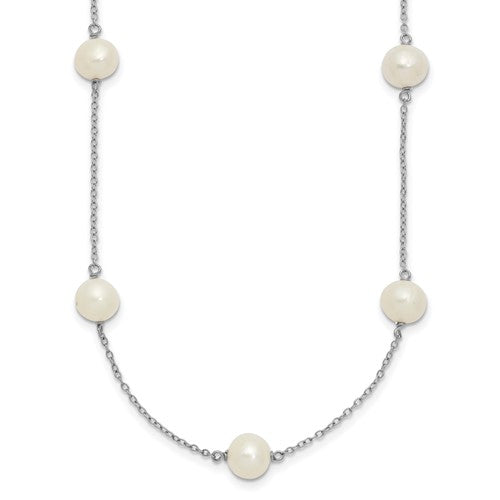 PSSN Sterling Silver Rhodium-plated 7-8mm White Near-Round Freshwater Cultured Pearl 9-Station 16 inch Necklace