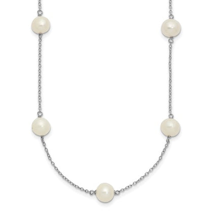 PSSN Sterling Silver Rhodium-plated 7-8mm White Near-Round Freshwater Cultured Pearl 9-Stations18 inch Necklace