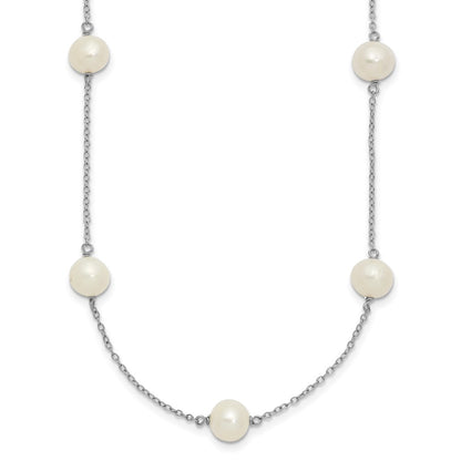 PSSN Sterling Silver Rhodium-plated 7-8mm White Near-Round Freshwater Cultured Pearl 9-Stations18 inch Necklace