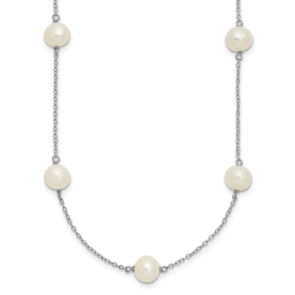 PSSN Sterling Silver Rhodium-plated 7-8mm White Near-Round Freshwater Cultured Pearl 9-Station 16 inch Necklace
