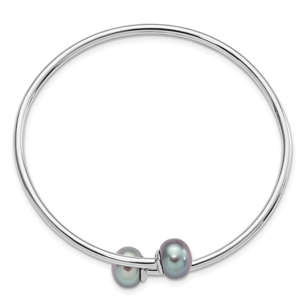PSSB Sterling Silver Rhodium-plated 9-10mm Grey Button Freshwater Cultured Pearl Flexible Cuff Bangle