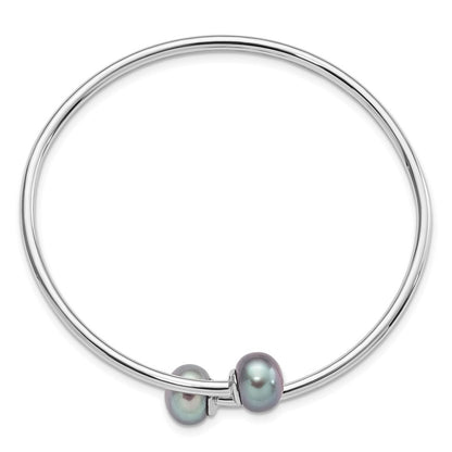 PSSB Sterling Silver Rhodium-plated 9-10mm Grey Button Freshwater Cultured Pearl Flexible Cuff Bangle