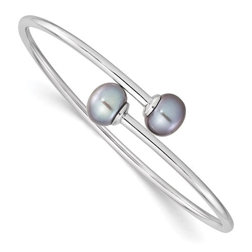 PSSB Sterling Silver Rhodium-plated 9-10mm Grey Button Freshwater Cultured Pearl Flexible Cuff Bangle