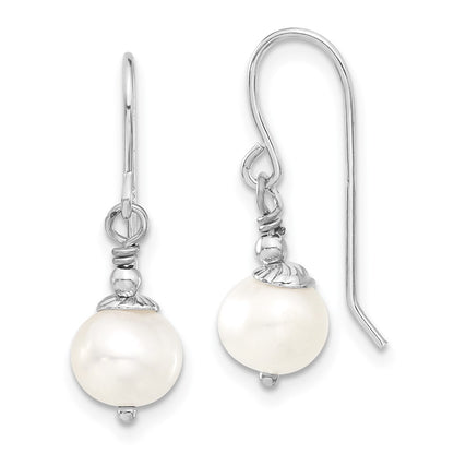PSSN Sterling Silver Rhodium-plated 7-8mm White Semi-Round Freshwater Cultured Pearl 18 inch Necklace and Dangle Earrings Set