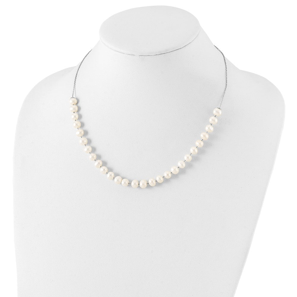 PSSN Sterling Silver Rhodium-plated 7-8mm White Semi-Round Freshwater Cultured Pearl 18 inch Necklace and Dangle Earrings Set