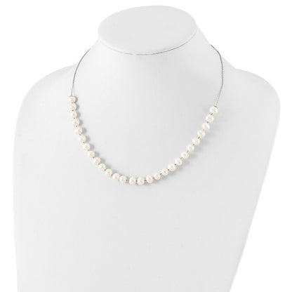 PSSN Sterling Silver Rhodium-plated 7-8mm White Semi-Round Freshwater Cultured Pearl 18 inch Necklace and Dangle Earrings Set