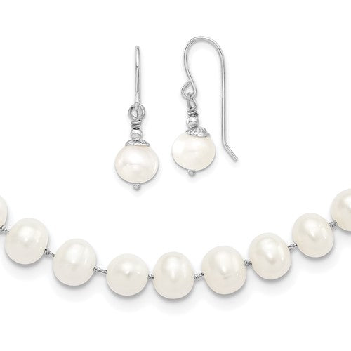 PSSN Sterling Silver Rhodium-plated 7-8mm White Semi-Round Freshwater Cultured Pearl 18 inch Necklace and Dangle Earrings Set