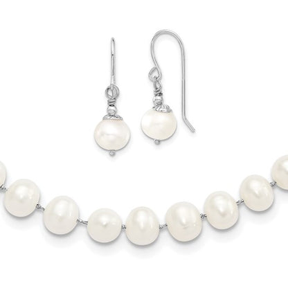 PSSN Sterling Silver Rhodium-plated 7-8mm White Semi-Round Freshwater Cultured Pearl 18 inch Necklace and Dangle Earrings Set