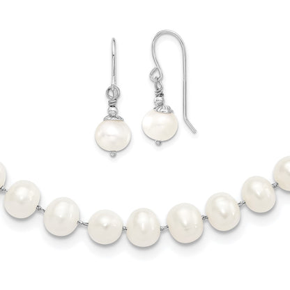 PSSN Sterling Silver Rhodium-plated 7-8mm White Semi-Round Freshwater Cultured Pearl 18 inch Necklace and Dangle Earrings Set