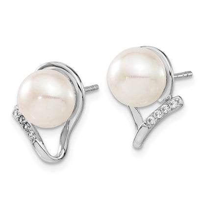 PSSN Sterling Silver Rhodium-plated 8-10mm White Button Freshwater Cultured Pearl and CZ 17 inch and Post Earrings Set