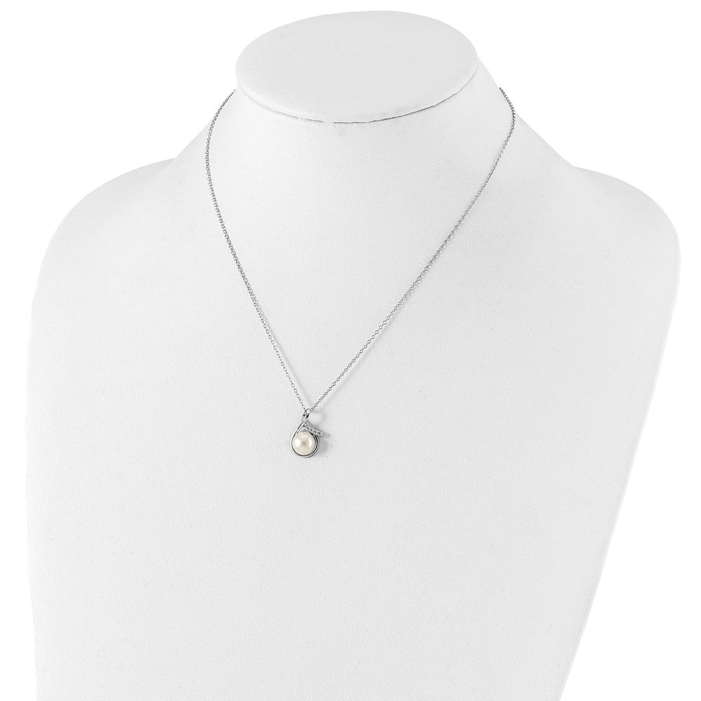 PSSN Sterling Silver Rhodium-plated 8-10mm White Button Freshwater Cultured Pearl and CZ 17 inch and Post Earrings Set