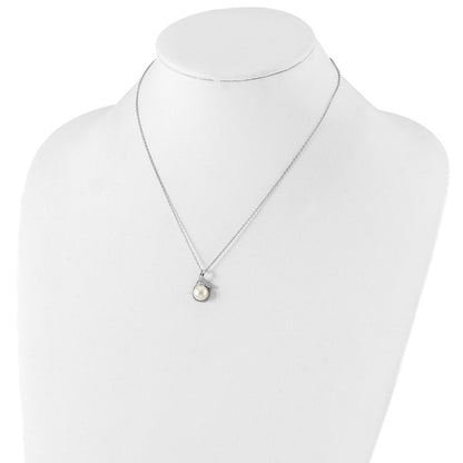 PSSN Sterling Silver Rhodium-plated 8-10mm White Button Freshwater Cultured Pearl and CZ 17 inch and Post Earrings Set