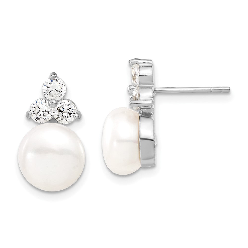 PSSN Sterling Silver Rhodium-plated 9-10mm White Button Freshwater Cultured Pearl and CZ 17 inch and Post Earrings Set