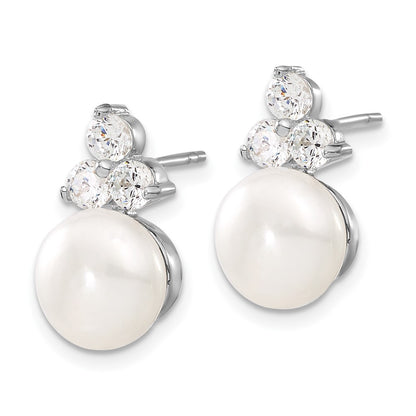 PSSN Sterling Silver Rhodium-plated 9-10mm White Button Freshwater Cultured Pearl and CZ 17 inch and Post Earrings Set