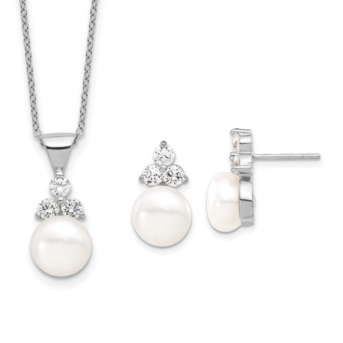 PSSN Sterling Silver Rhodium-plated 9-10mm White Button Freshwater Cultured Pearl and CZ 17 inch and Post Earrings Set