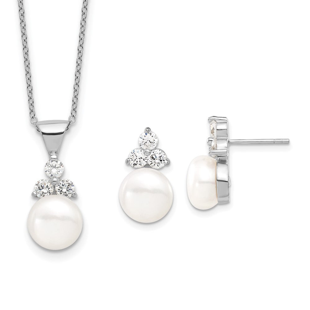 PSSN Sterling Silver Rhodium-plated 9-10mm White Button Freshwater Cultured Pearl and CZ 17 inch and Post Earrings Set