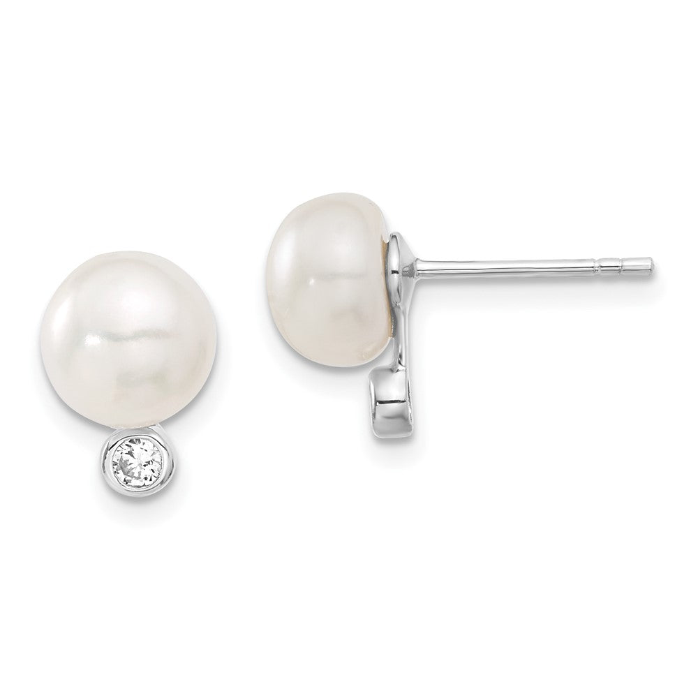 PSSN Sterling Silver Rhodium-plated 8-9mm White Button Freshwater Cultured Pearl and CZ 17 inch Necklace and Post Earrings Set