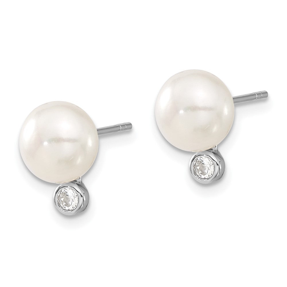 PSSN Sterling Silver Rhodium-plated 8-9mm White Button Freshwater Cultured Pearl and CZ 17 inch Necklace and Post Earrings Set
