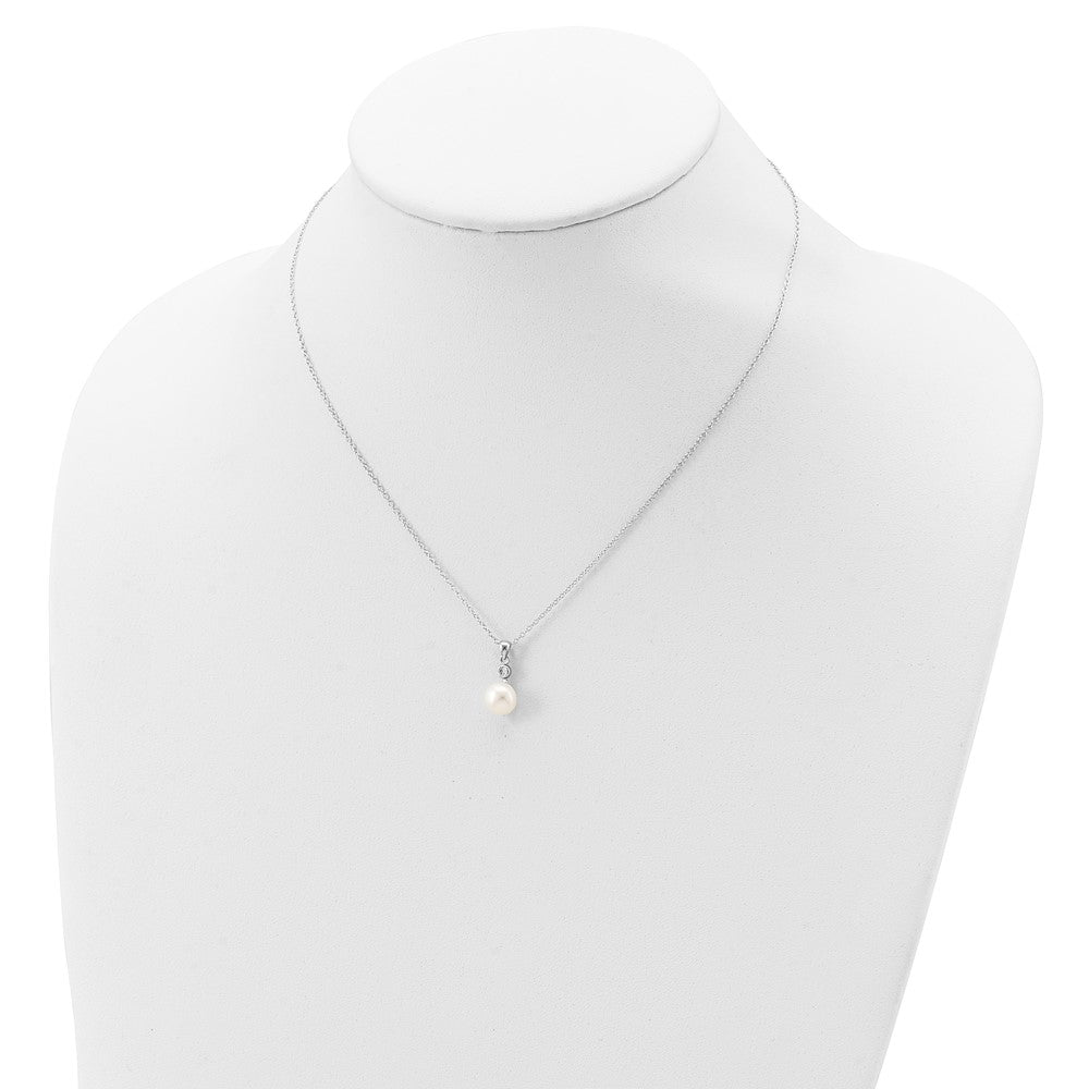 PSSN Sterling Silver Rhodium-plated 8-9mm White Button Freshwater Cultured Pearl and CZ 17 inch Necklace and Post Earrings Set