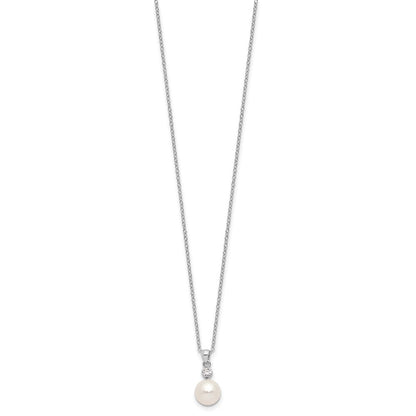PSSN Sterling Silver Rhodium-plated 8-9mm White Button Freshwater Cultured Pearl and CZ 17 inch Necklace and Post Earrings Set