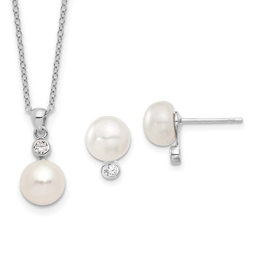 PSSN Sterling Silver Rhodium-plated 8-9mm White Button Freshwater Cultured Pearl and CZ 17 inch Necklace and Post Earrings Set