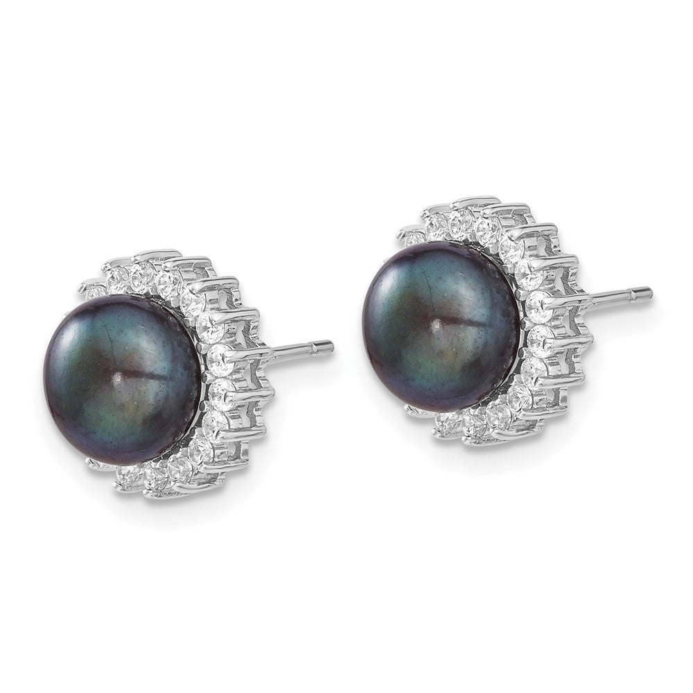 PSSN Sterling Silver Rhodium-plated 8-9mm Black Button Freshwater Cultured Pearl and CZ 17 inch Necklace and Post Earrings Set