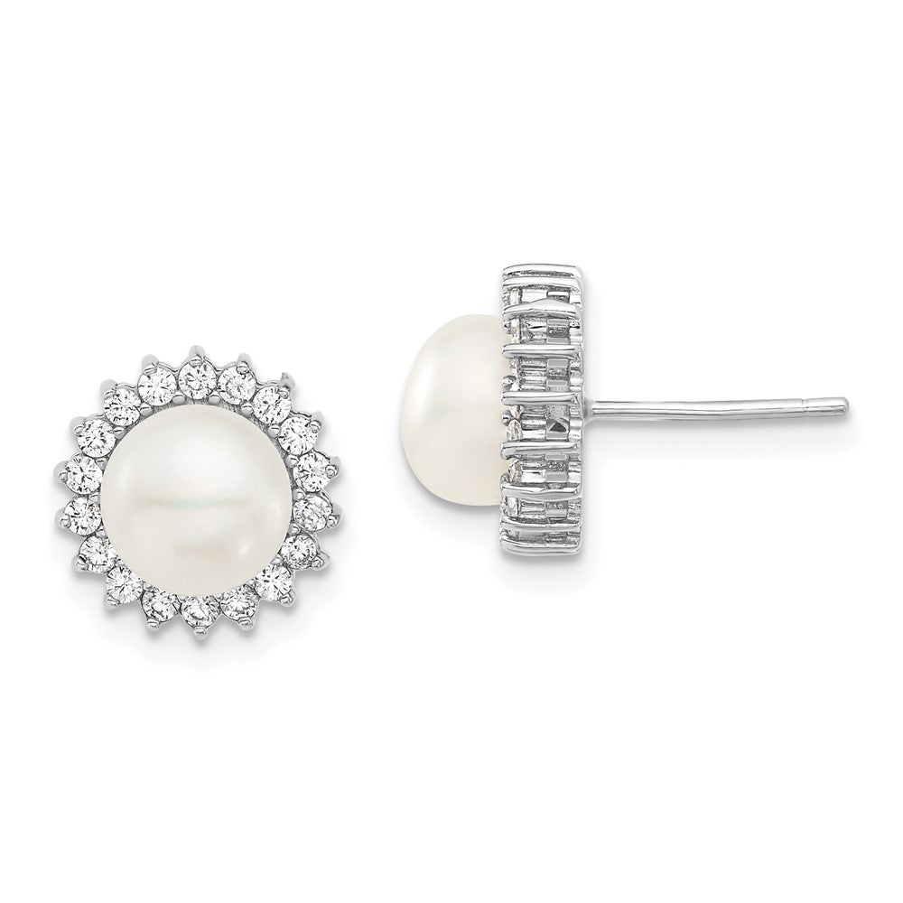 PSSN Sterling Silver Rhodium-plated 8-9mm White Button Freshwater Cultured Pearl and CZ 17 inch Necklace and Post Earrings Set