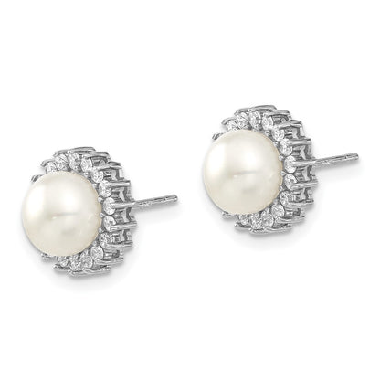PSSN Sterling Silver Rhodium-plated 8-9mm White Button Freshwater Cultured Pearl and CZ 17 inch Necklace and Post Earrings Set
