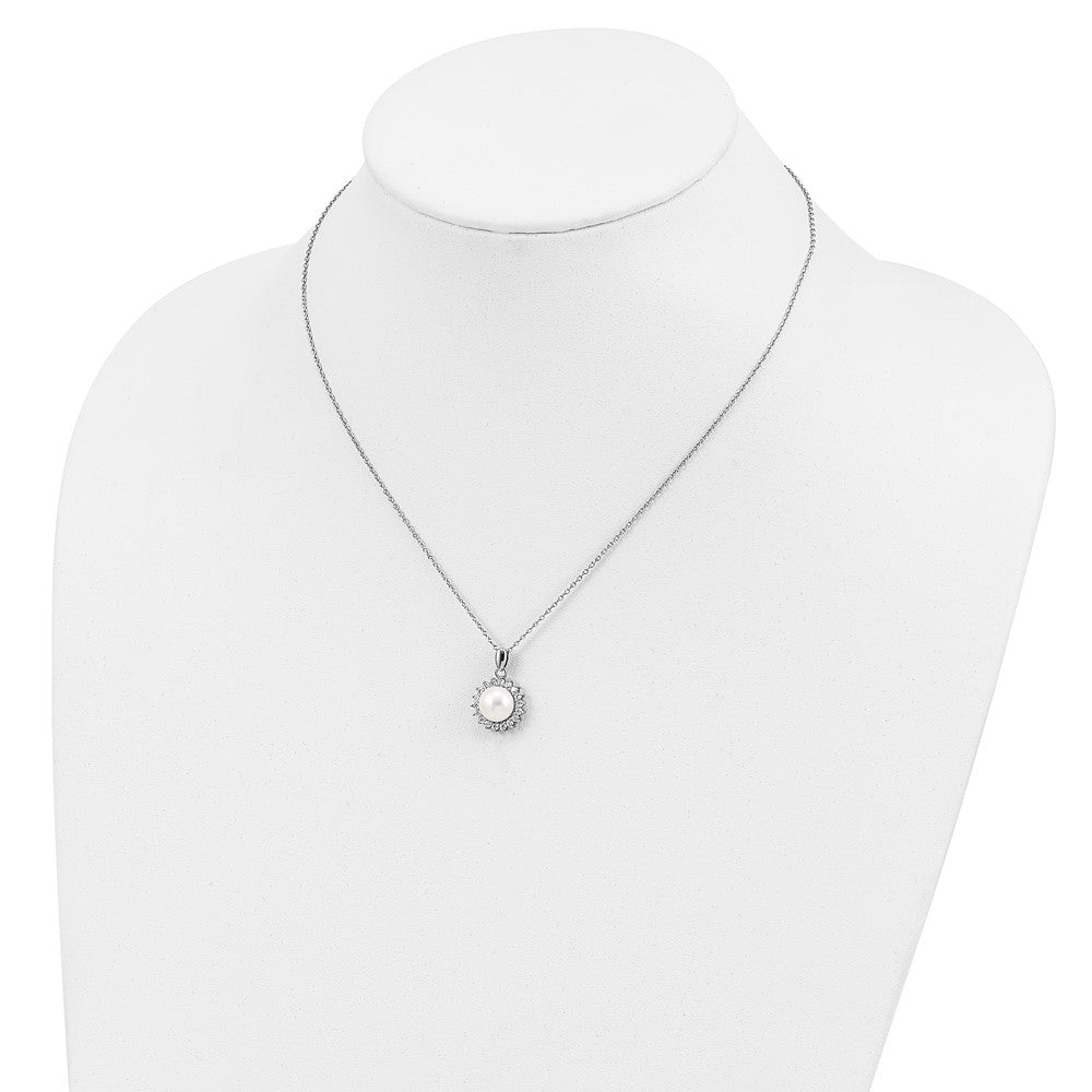 PSSN Sterling Silver Rhodium-plated 8-9mm White Button Freshwater Cultured Pearl and CZ 17 inch Necklace and Post Earrings Set