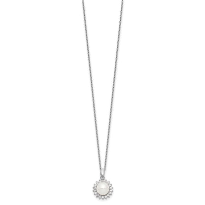 PSSN Sterling Silver Rhodium-plated 8-9mm White Button Freshwater Cultured Pearl and CZ 17 inch Necklace and Post Earrings Set
