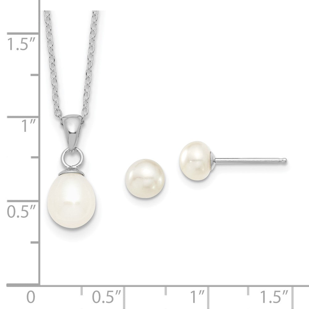 PSSN Sterling Silver Rhodium-plated 6-7mm White Teardrop Freshwater Cultured Pearl 17 inch Necklace and Button Post Earrings Set