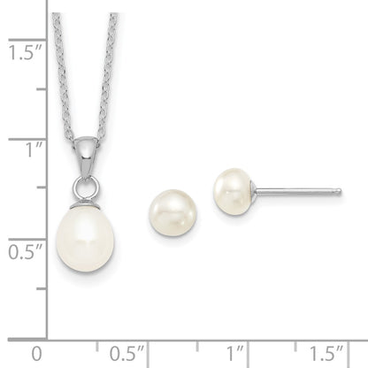 PSSN Sterling Silver Rhodium-plated 6-7mm White Teardrop Freshwater Cultured Pearl 17 inch Necklace and Button Post Earrings Set