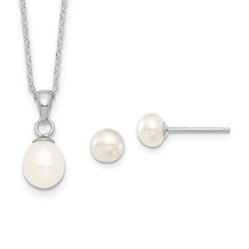 PSSN Sterling Silver Rhodium-plated 6-7mm White Teardrop Freshwater Cultured Pearl 17 inch Necklace and Button Post Earrings Set