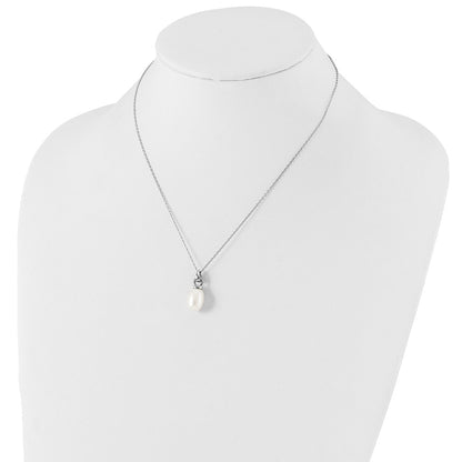 PSSN Sterling Silver Rhodium-plated 10-11mm White Teardrop Freshwater Cultured Pearl 17 inch Necklace and Dangle Earrings Set