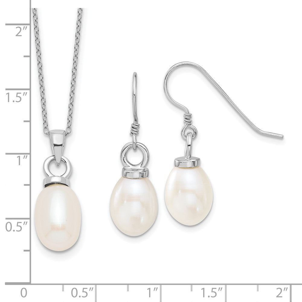 PSSN Sterling Silver Rhodium-plated 10-11mm White Teardrop Freshwater Cultured Pearl 17 inch Necklace and Dangle Earrings Set