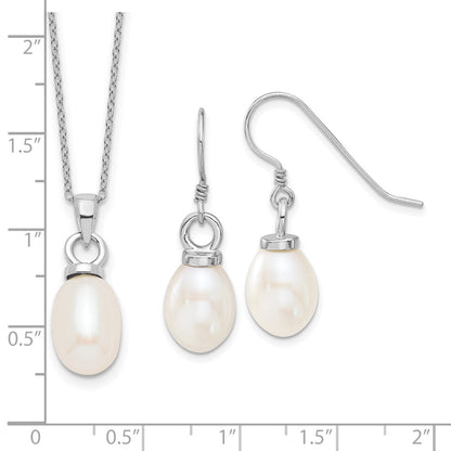 PSSN Sterling Silver Rhodium-plated 10-11mm White Teardrop Freshwater Cultured Pearl 17 inch Necklace and Dangle Earrings Set