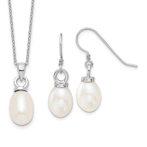 PSSN Sterling Silver Rhodium-plated 10-11mm White Teardrop Freshwater Cultured Pearl 17 inch Necklace and Dangle Earrings Set