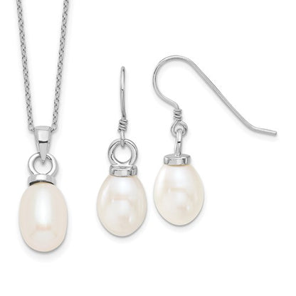 PSSN Sterling Silver Rhodium-plated 10-11mm White Teardrop Freshwater Cultured Pearl 17 inch Necklace and Dangle Earrings Set