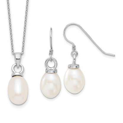 PSSN Sterling Silver Rhodium-plated 10-11mm White Teardrop Freshwater Cultured Pearl 17 inch Necklace and Dangle Earrings Set