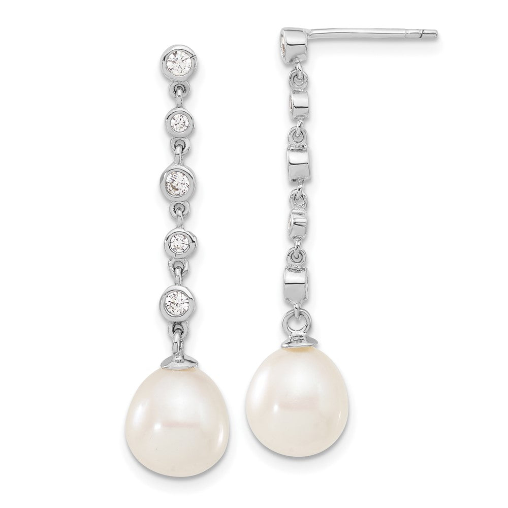 PSSN Sterling Silver Rhodium-plated 8-9mm White Teardrop Freshwater Cultured Pearl and CZ 17 inch Necklace and Post Dangle Earrings Set