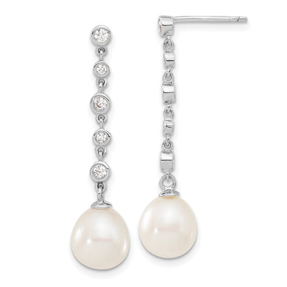 PSSN Sterling Silver Rhodium-plated 8-9mm White Teardrop Freshwater Cultured Pearl and CZ 17 inch Necklace and Post Dangle Earrings Set