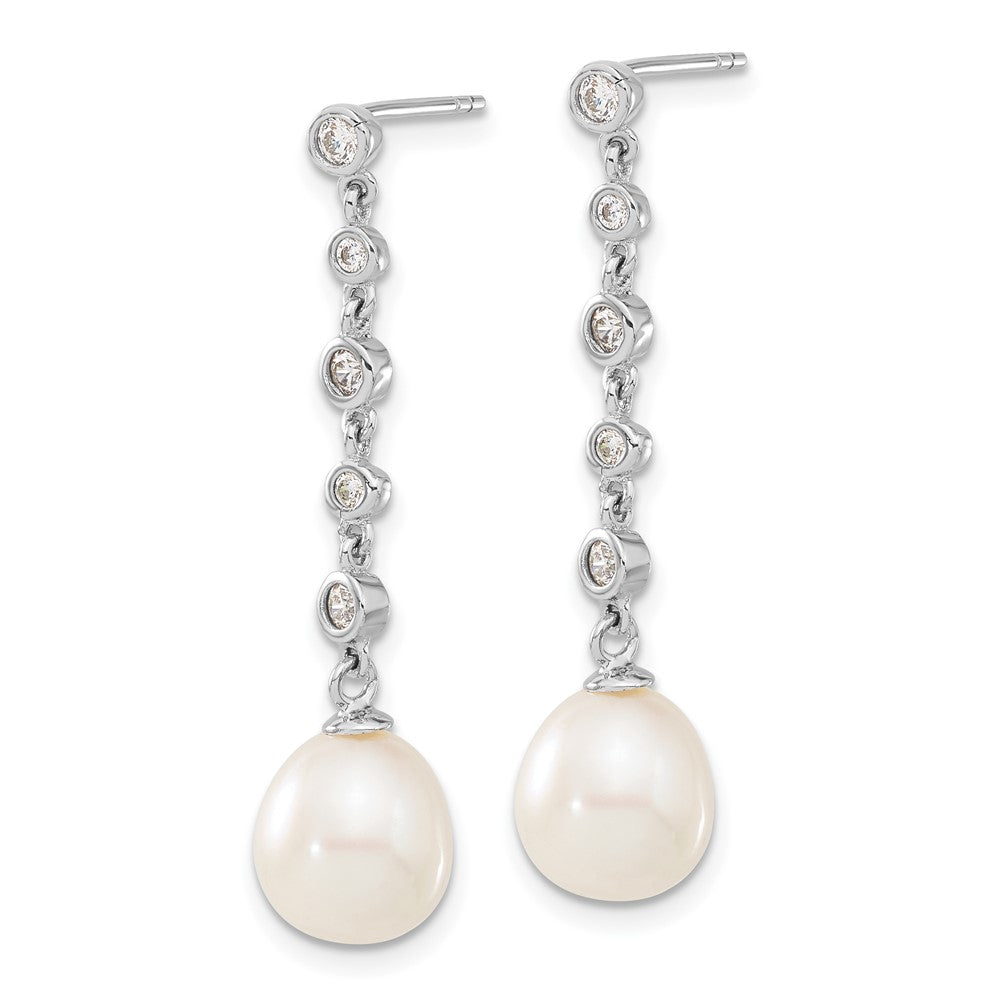 PSSN Sterling Silver Rhodium-plated 8-9mm White Teardrop Freshwater Cultured Pearl and CZ 17 inch Necklace and Post Dangle Earrings Set