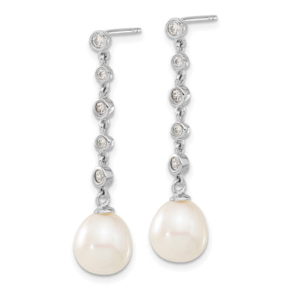 PSSN Sterling Silver Rhodium-plated 8-9mm White Teardrop Freshwater Cultured Pearl and CZ 17 inch Necklace and Post Dangle Earrings Set