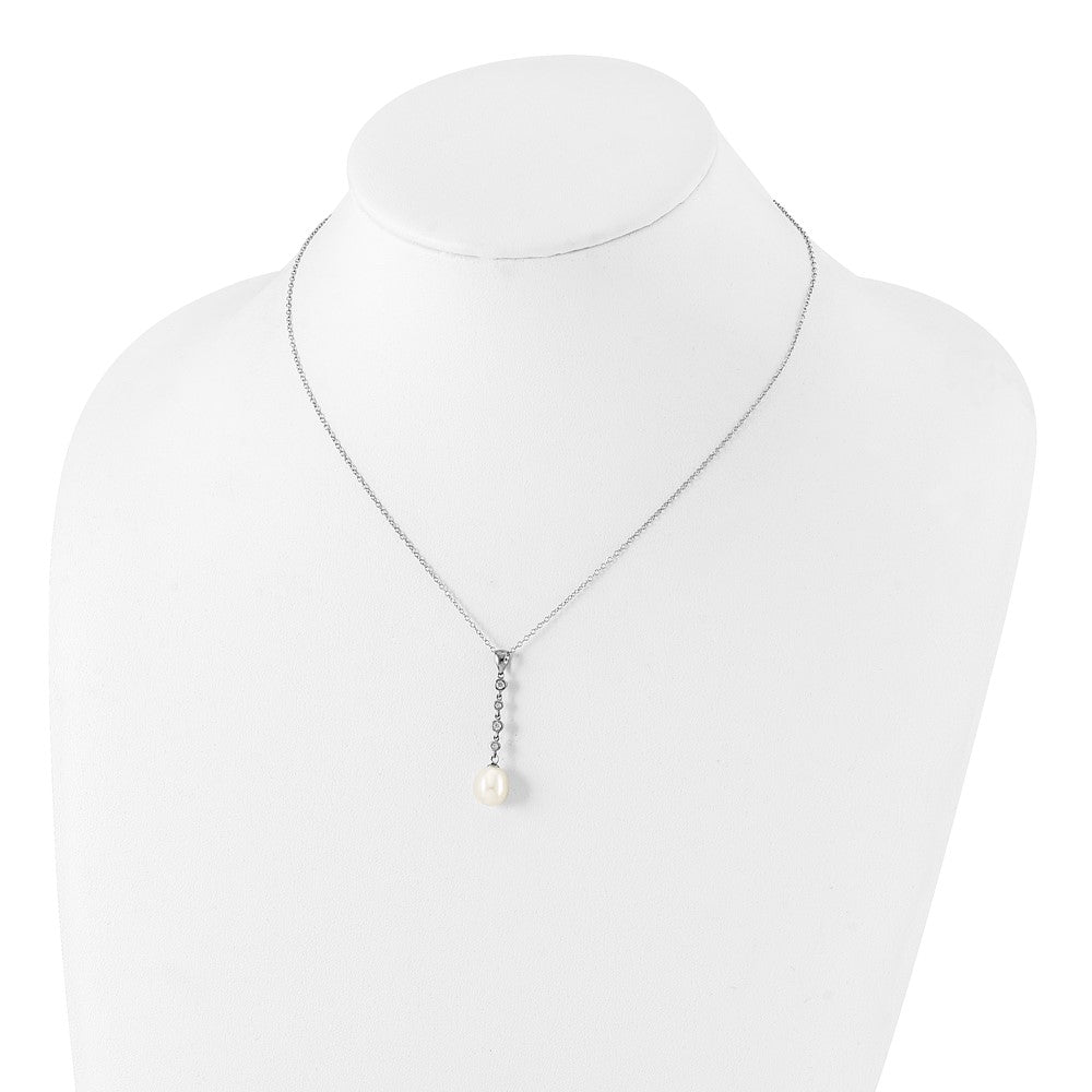 PSSN Sterling Silver Rhodium-plated 8-9mm White Teardrop Freshwater Cultured Pearl and CZ 17 inch Necklace and Post Dangle Earrings Set